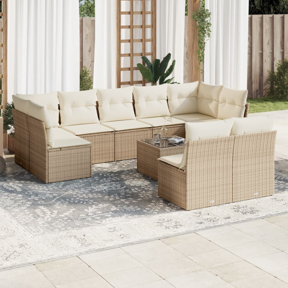 vidaXL 10-delige Loungeset met kussens poly rattan beige vidaXL 10-delige Loungeset met kussens poly rattan beige afbeelding 1
