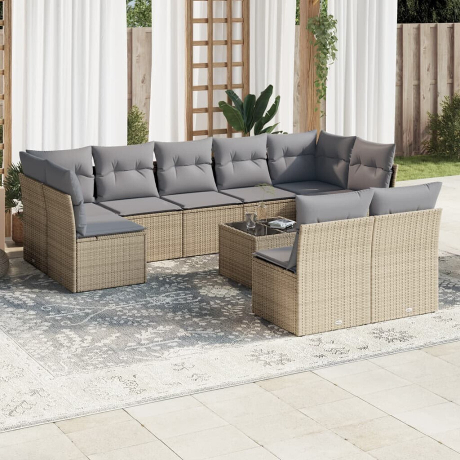 vidaXL 10-delige Loungeset met kussens poly rattan beige vidaXL 10-delige Loungeset met kussens poly rattan beige afbeelding 1