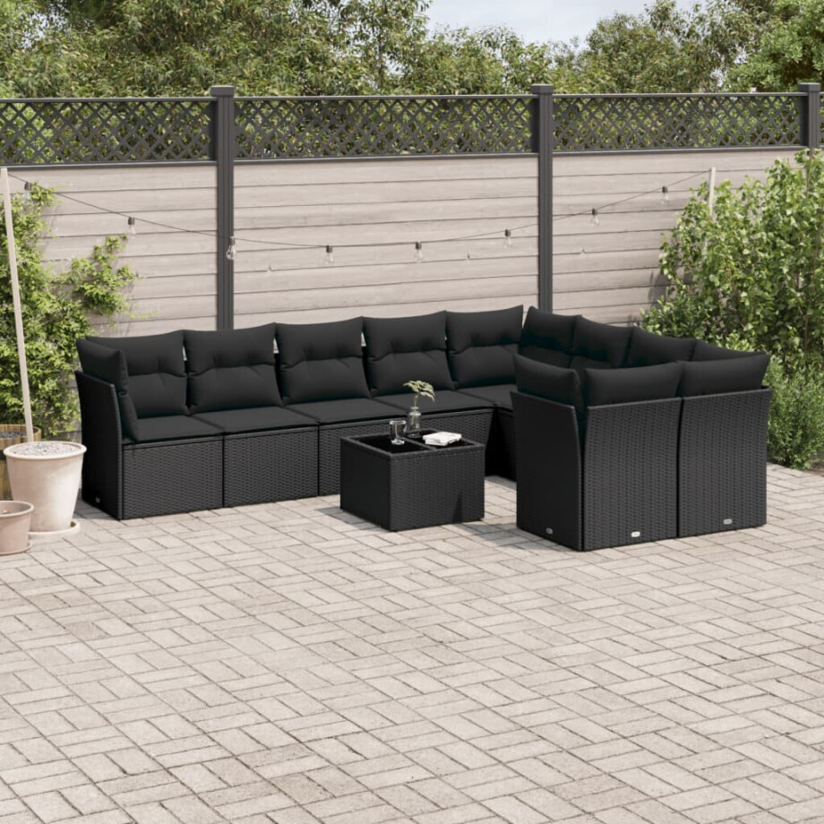 vidaXL 10-delige Loungeset met kussens poly rattan zwart afbeelding 1