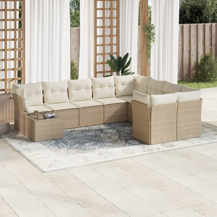 vidaXL 10-delige Loungeset met kussens poly rattan beige vidaXL 10-delige Loungeset met kussens poly rattan beige afbeelding 1
