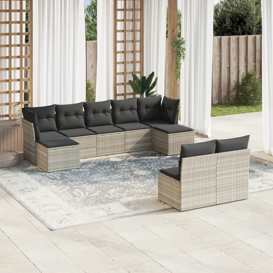 vidaXL 9-delige Loungeset met kussens poly rattan lichtgrijs afbeelding 1