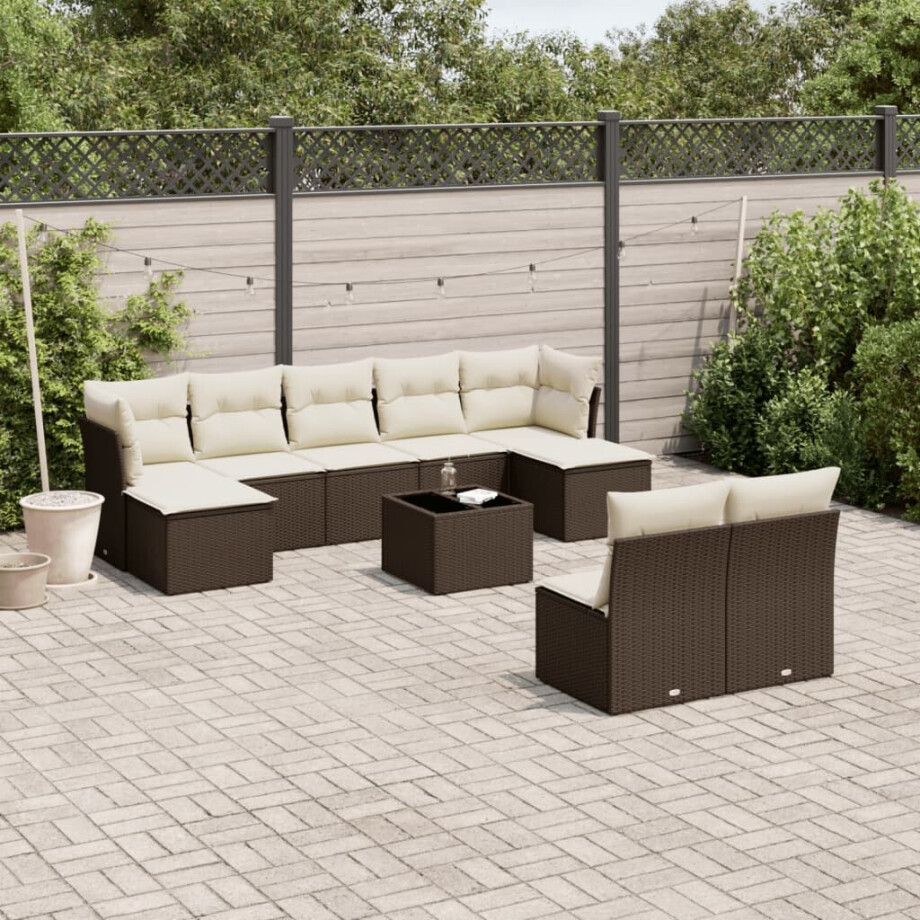 vidaXL 10-delige Loungeset met kussens poly rattan bruin afbeelding 1