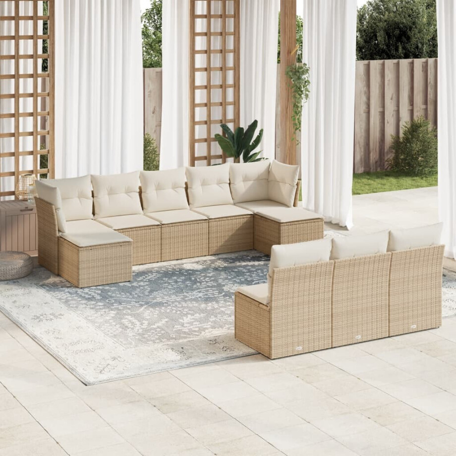 vidaXL 10-delige Loungeset met kussens poly rattan beige vidaXL 10-delige Loungeset met kussens poly rattan beige afbeelding 1