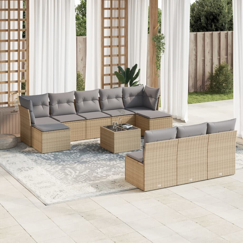vidaXL 11-delige Tuinset met kussens poly rattan beige vidaXL 11-delige Tuinset met kussens poly rattan beige afbeelding 1