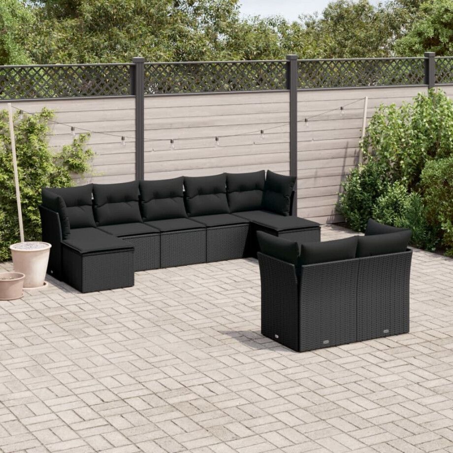 vidaXL 9-delige Loungeset met kussens poly rattan zwart afbeelding 1
