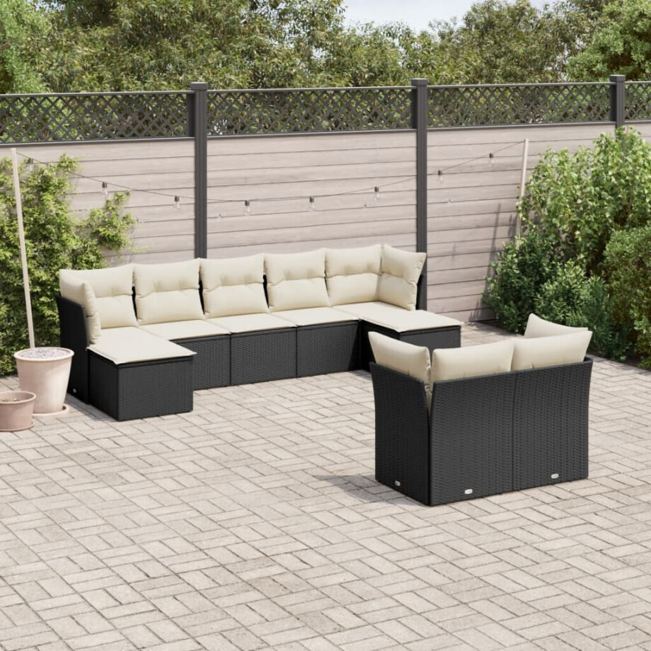 vidaXL 9-delige Loungeset met kussens poly rattan zwart vidaXL 9-delige Loungeset met kussens poly rattan zwart afbeelding 1