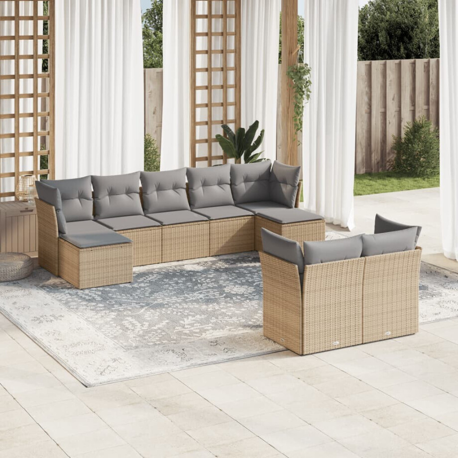 vidaXL 9-delige Loungeset met kussens poly rattan beige vidaXL 9-delige Loungeset met kussens poly rattan beige afbeelding 1