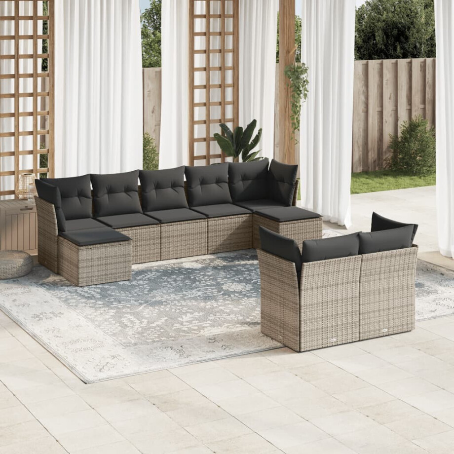 vidaXL 9-delige Loungeset met kussens poly rattan grijs vidaXL 9-delige Loungeset met kussens poly rattan grijs afbeelding 1
