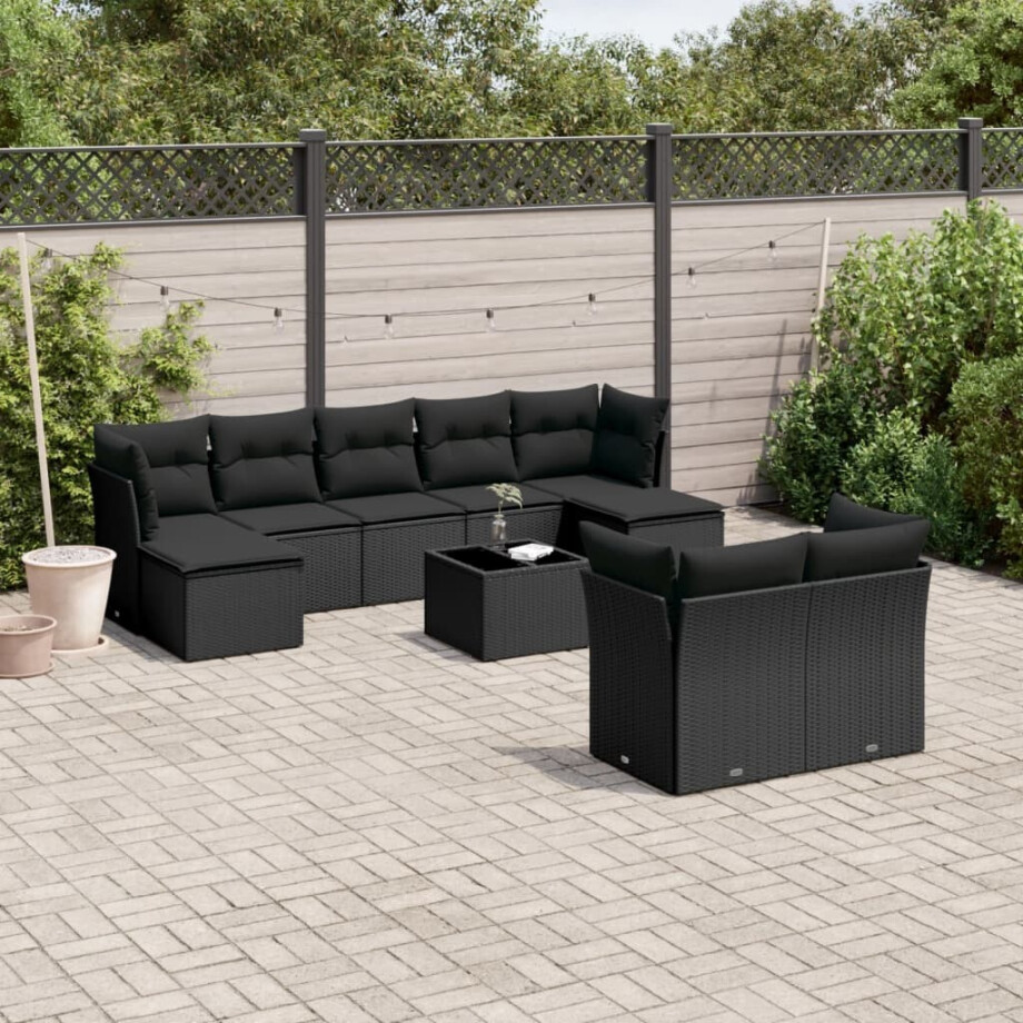 vidaXL 10-delige Loungeset met kussens poly rattan zwart afbeelding 1