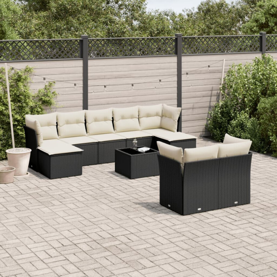 vidaXL 10-delige Loungeset met kussens poly rattan zwart afbeelding 1