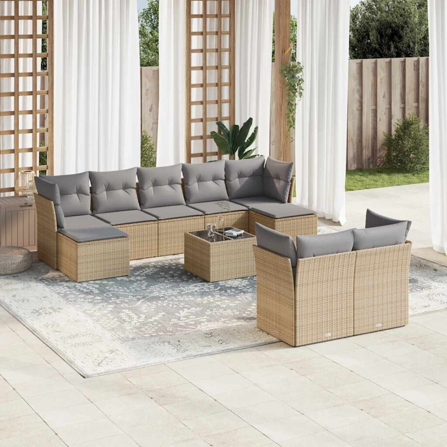 vidaXL 10-delige Loungeset met kussens poly rattan beige afbeelding 1