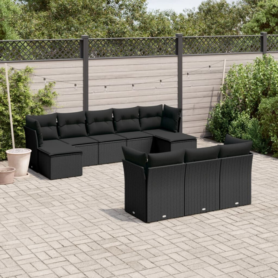 vidaXL 10-delige Loungeset met kussens poly rattan zwart afbeelding 1