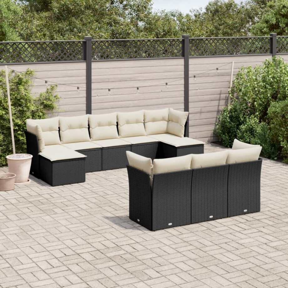 vidaXL 10-delige Loungeset met kussens poly rattan zwart afbeelding 1