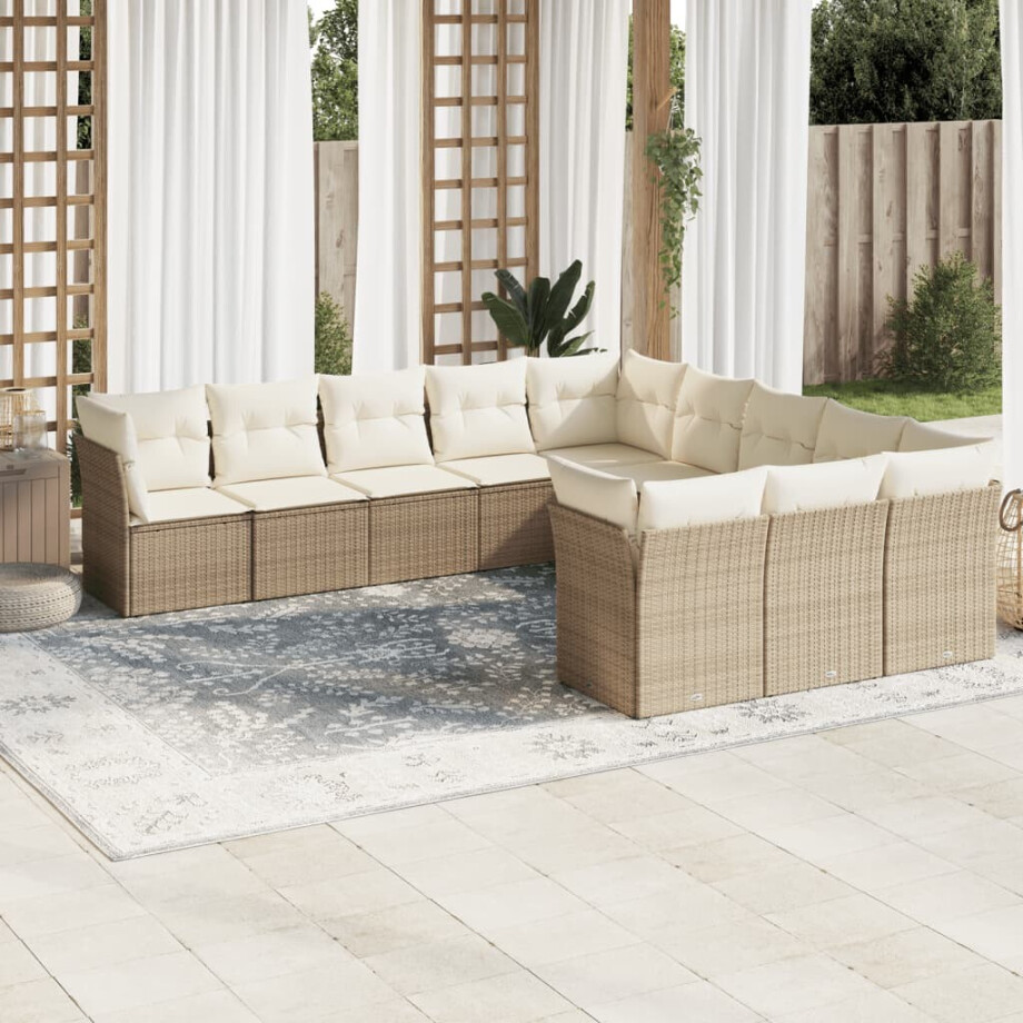 vidaXL 11-delige Tuinset met kussens poly rattan beige afbeelding 1