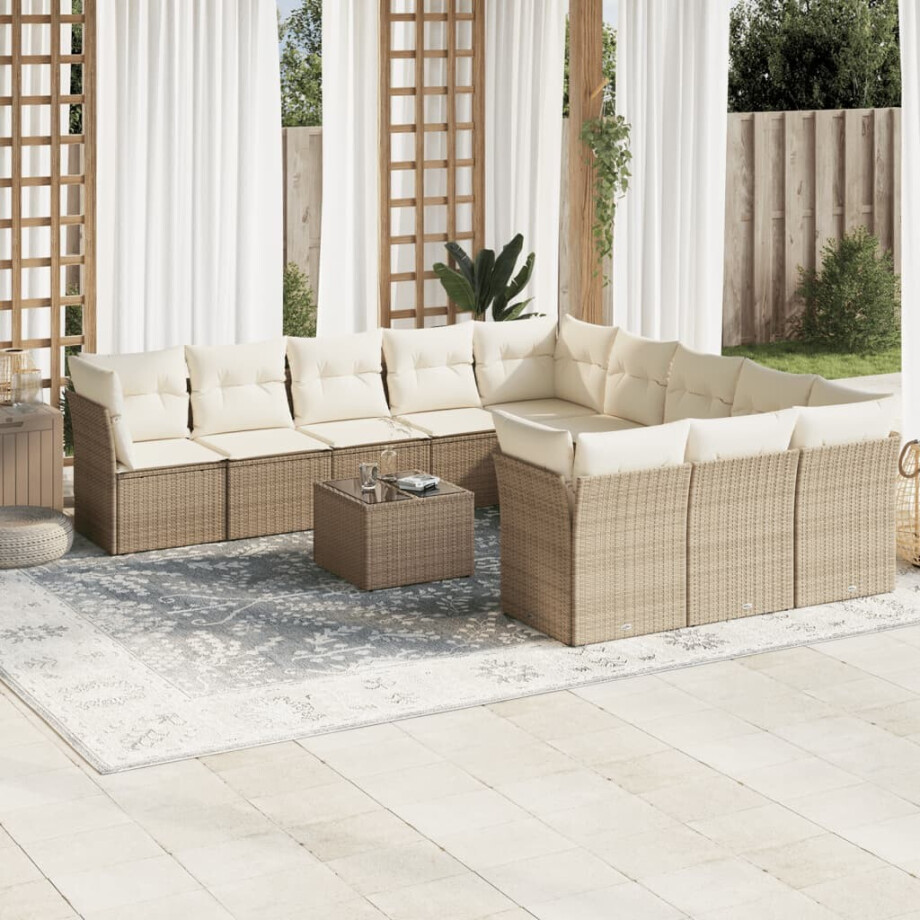 vidaXL 12-delige Loungeset met kussens poly rattan beige afbeelding 1