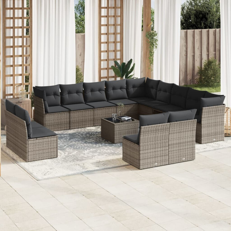 vidaXL 14-delige Loungeset met kussens poly rattan grijs afbeelding 1