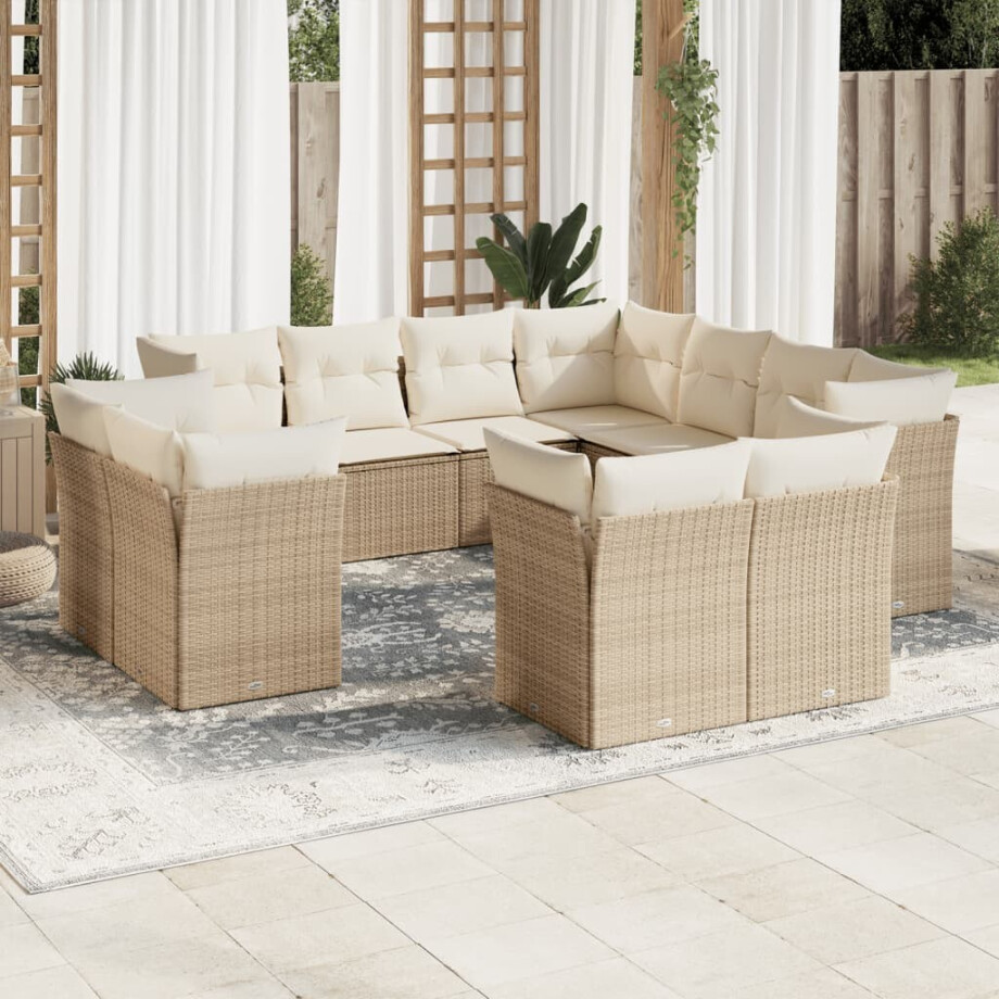 vidaXL 11-delige Tuinset met kussens poly rattan beige afbeelding 1