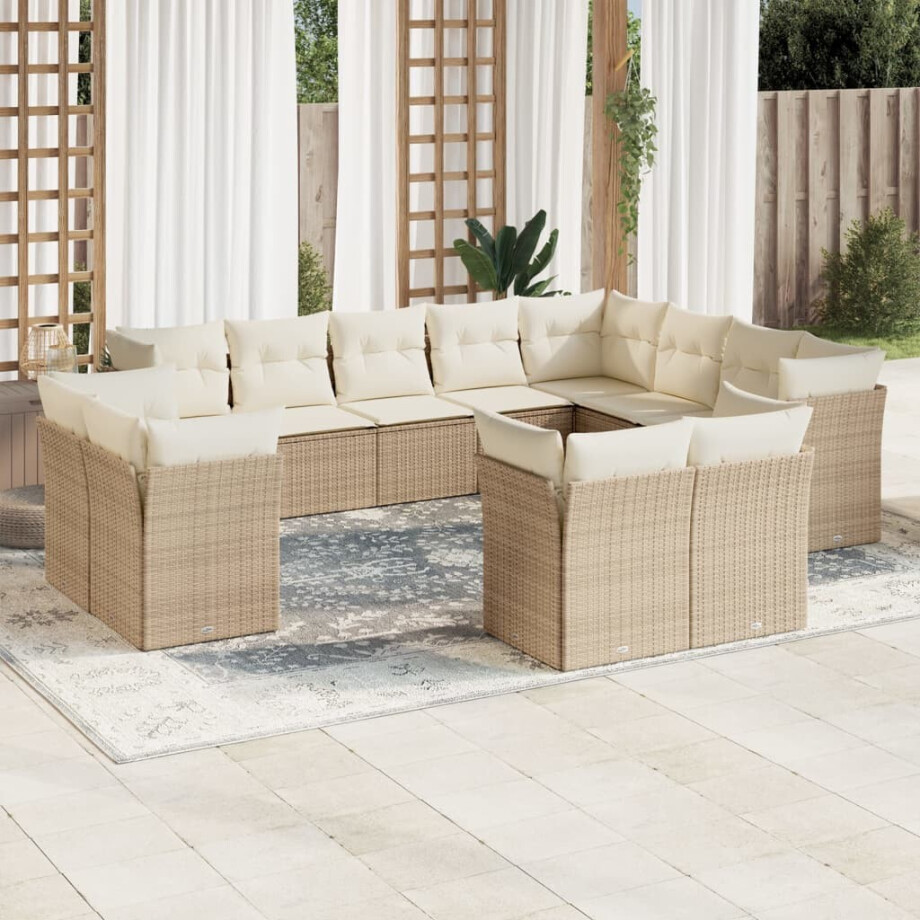 vidaXL 12-delige Loungeset met kussens poly rattan beige vidaXL 12-delige Loungeset met kussens poly rattan beige afbeelding 1