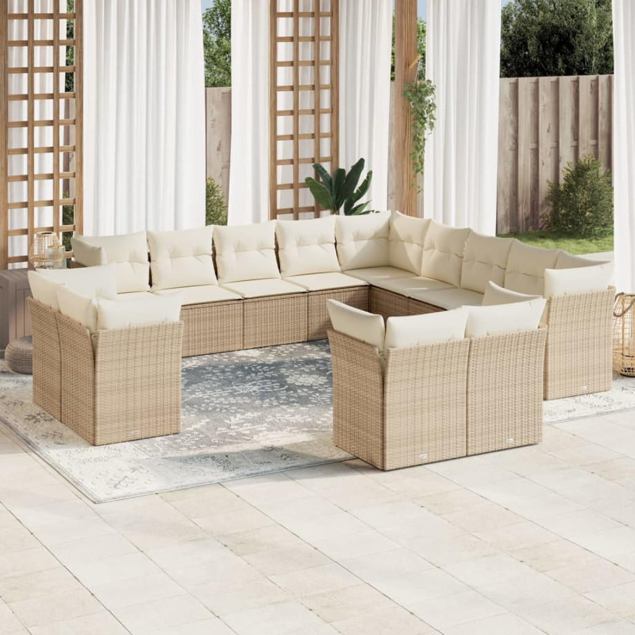 vidaXL 13-delige Loungeset met kussens poly rattan beige afbeelding 1