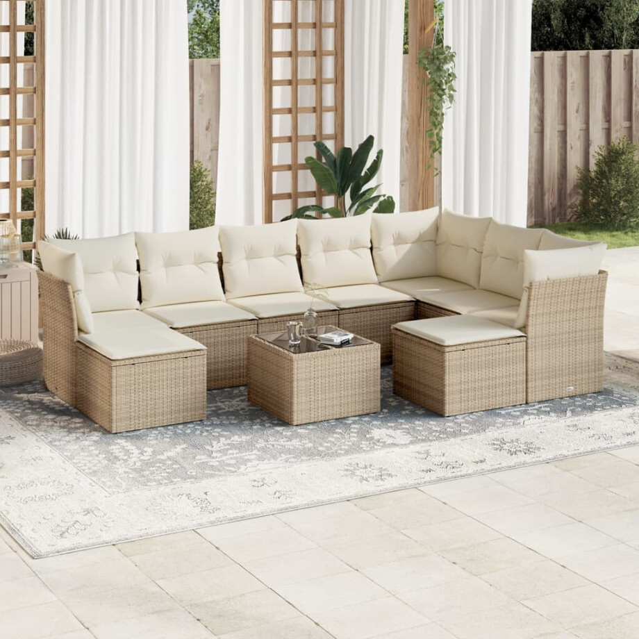 vidaXL 10-delige Loungeset met kussens poly rattan beige vidaXL 10-delige Loungeset met kussens poly rattan beige afbeelding 1