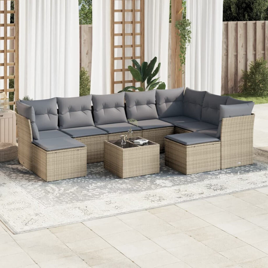 vidaXL 10-delige Loungeset met kussens poly rattan beige vidaXL 10-delige Loungeset met kussens poly rattan beige afbeelding 1