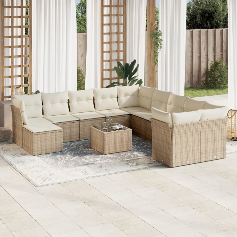 vidaXL 12-delige Loungeset met kussens poly rattan beige vidaXL 12-delige Loungeset met kussens poly rattan beige afbeelding 1