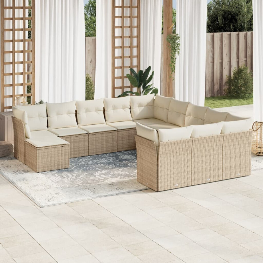 vidaXL 12-delige Loungeset met kussens poly rattan beige vidaXL 12-delige Loungeset met kussens poly rattan beige afbeelding 1