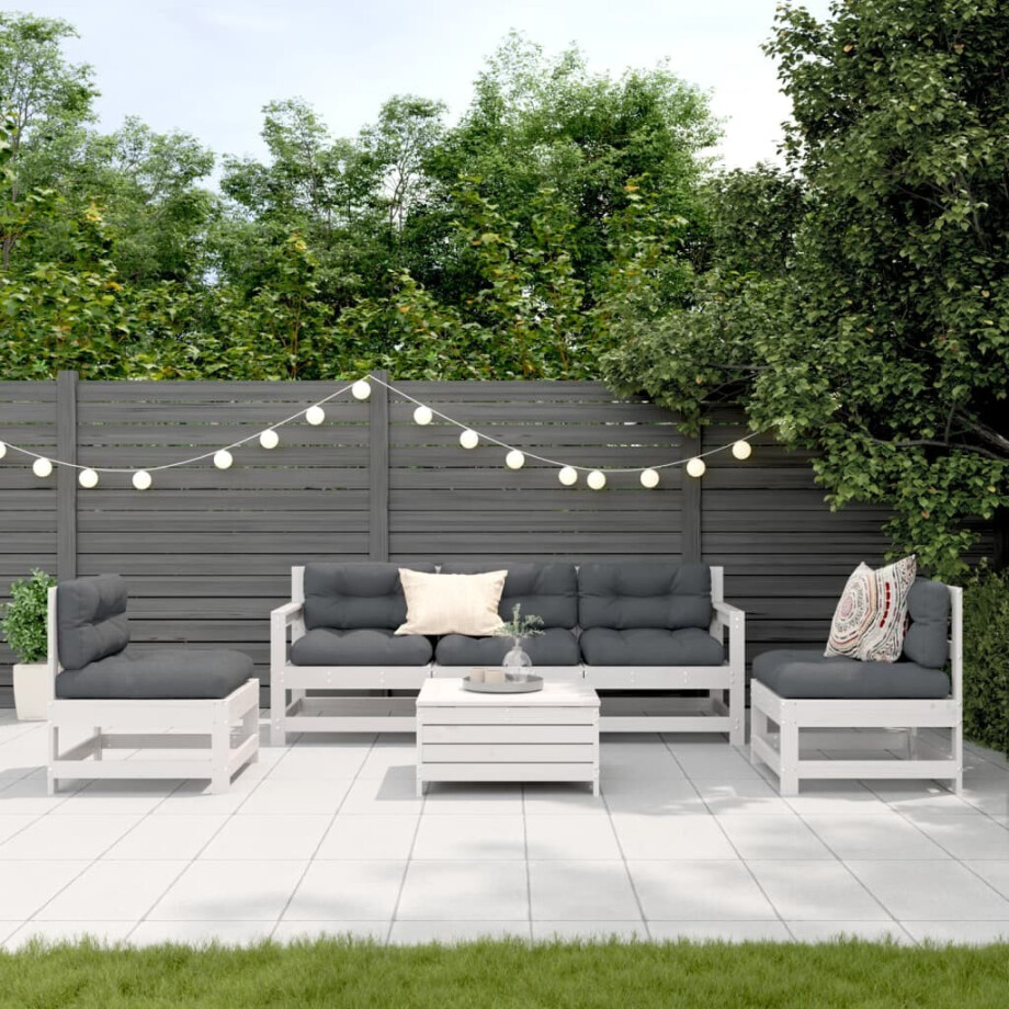 vidaXL 6-delige Loungeset met kussens massief grenenhout wit afbeelding 1