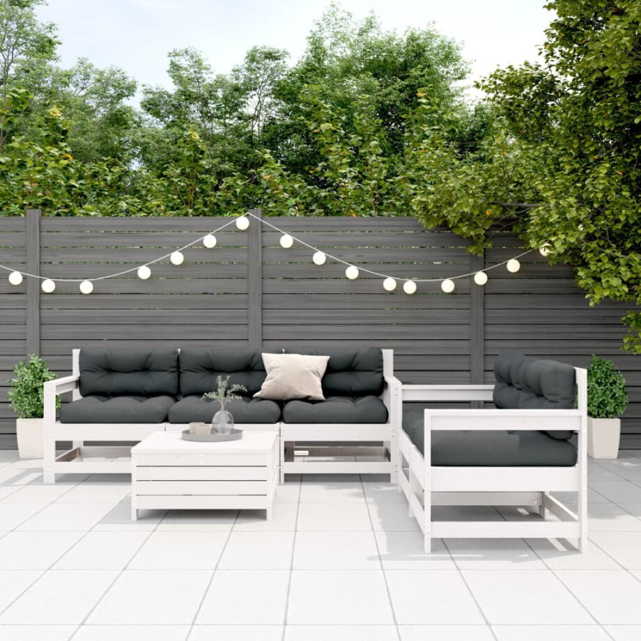 vidaXL 6-delige Loungeset met kussens massief grenenhout wit afbeelding 1
