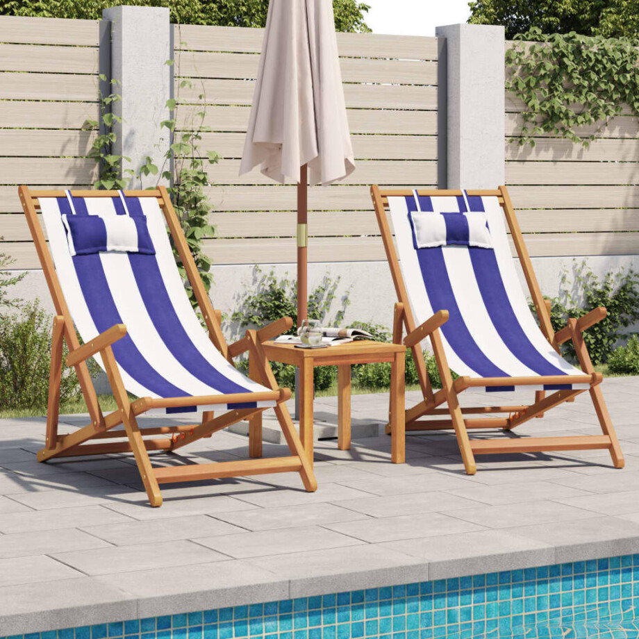 vidaXL Opklapbare stoelen, 2 stuks, blauw-witte stof en massief hout. afbeelding 1