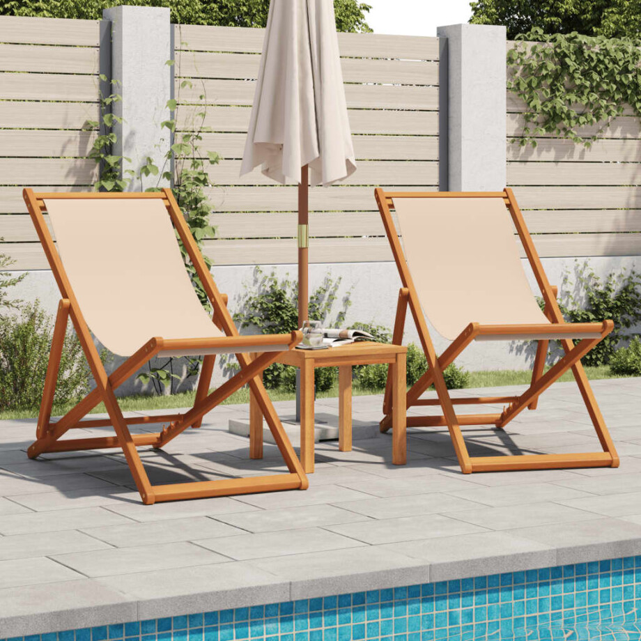 vidaXL Opklapbare stoelen, 2 stuks, beige stof en massief hout afbeelding 1
