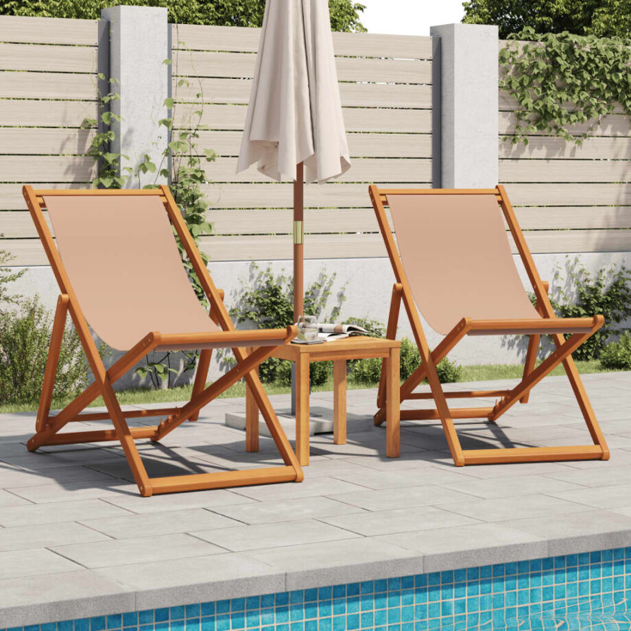 vidaXL Opklapbare stoelen, 2 stuks, taupekleurige stof en massief hout. afbeelding 1