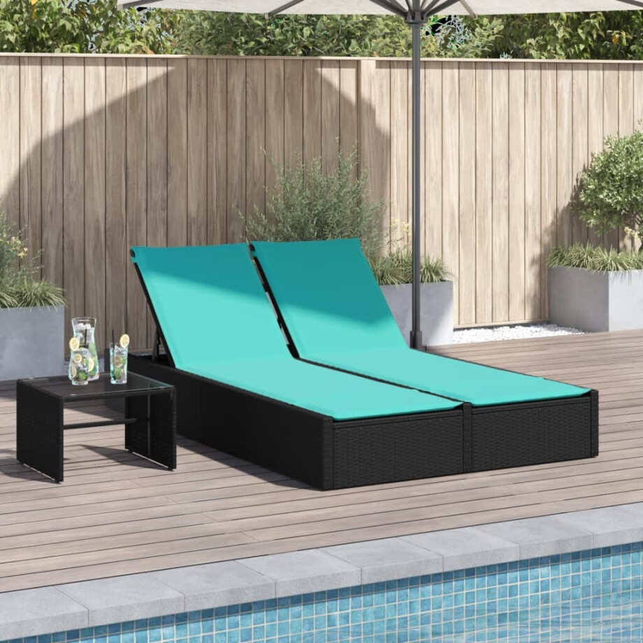 vidaXL Dubbele ligstoel met kussens zwart poly rattan afbeelding 1
