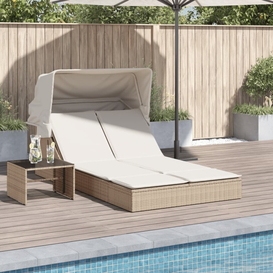 vidaXL Ligbed 2-persoons met luifel en kussens poly rattan beige vidaXL Ligbed 2-persoons met luifel en kussens poly rattan beige afbeelding 1
