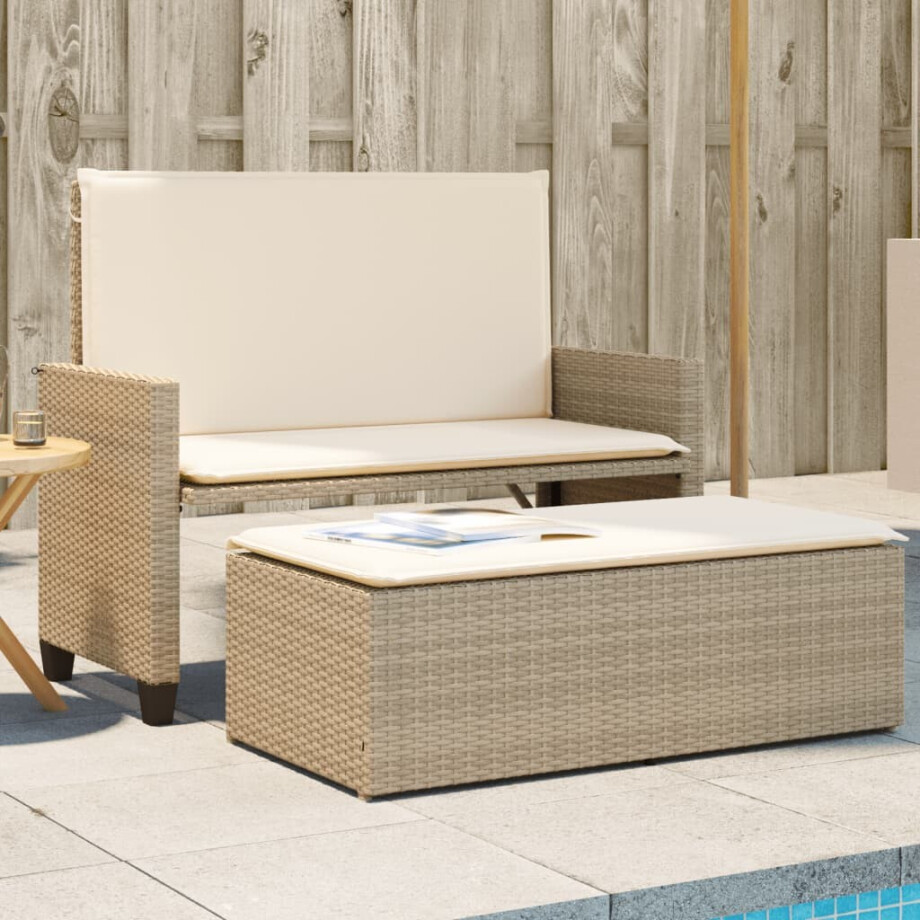 vidaXL Tuinbank met kussens en voetenbank poly rattan beige afbeelding 1