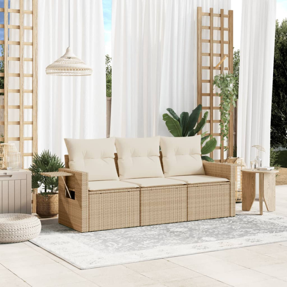 vidaXL 3-delige Loungeset met kussens poly rattan beige afbeelding 1
