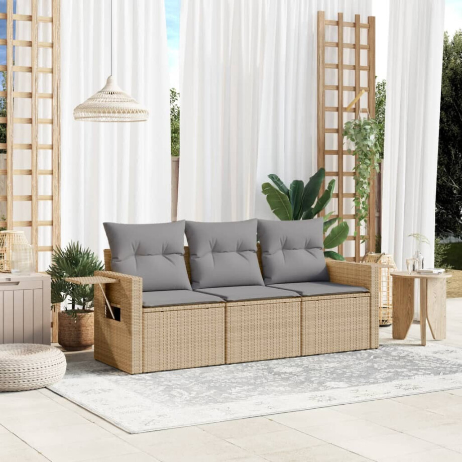 vidaXL 3-delige Loungeset met kussens poly rattan beige vidaXL 3-delige Loungeset met kussens poly rattan beige afbeelding 1
