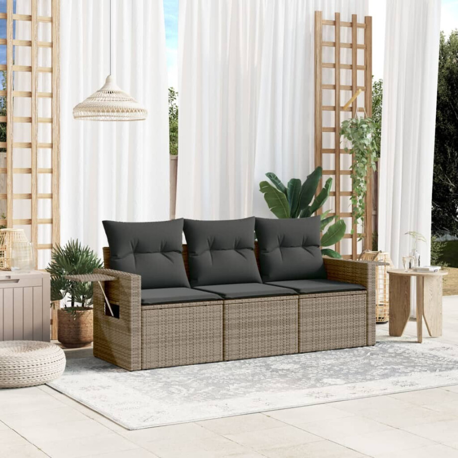 vidaXL 3-delige Loungeset met kussens poly rattan grijs afbeelding 1