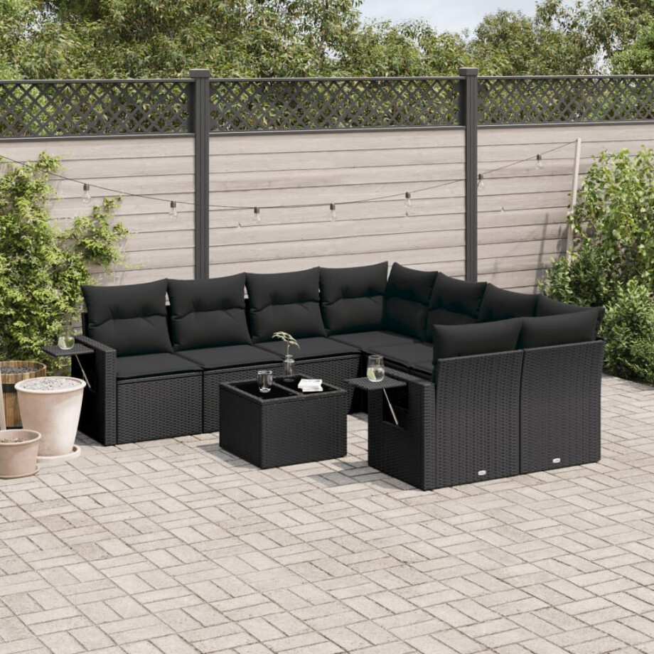 vidaXL 9-delige Loungeset met kussens poly rattan zwart vidaXL 9-delige Loungeset met kussens poly rattan zwart afbeelding 1