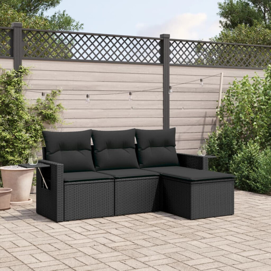 vidaXL 4-delige Loungeset met kussens poly rattan zwart afbeelding 1