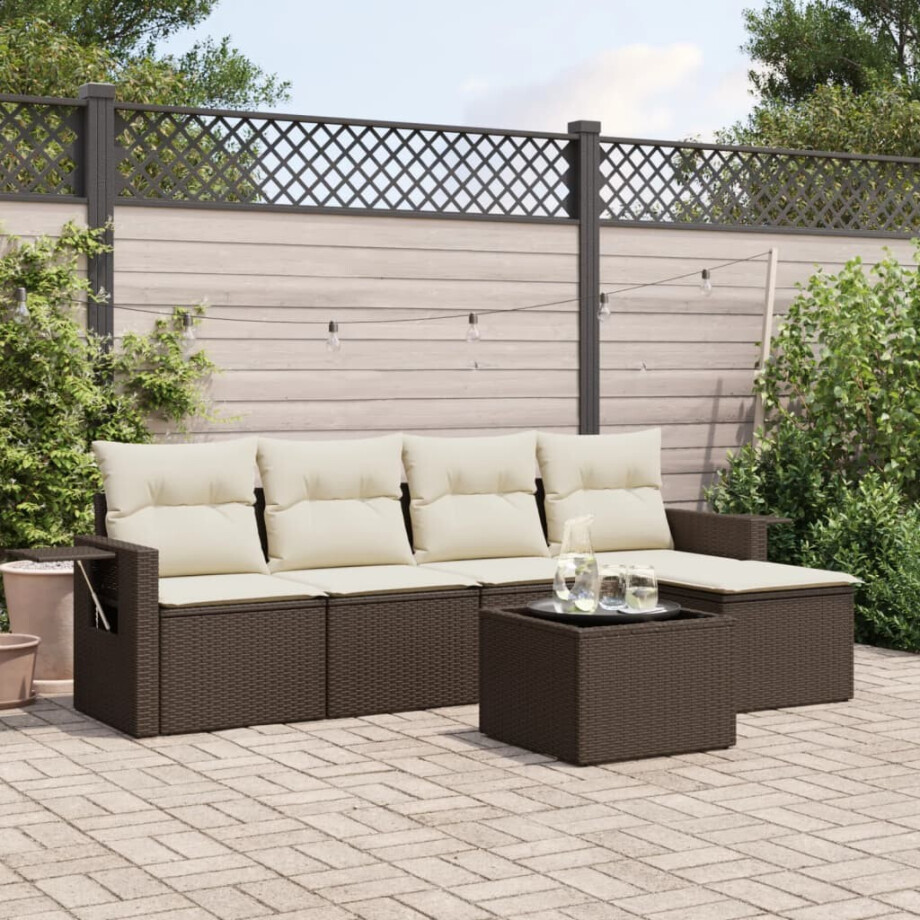 vidaXL 6-delige Loungeset met kussens poly rattan bruin vidaXL 6-delige Loungeset met kussens poly rattan bruin afbeelding 1