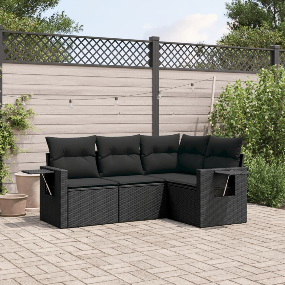 vidaXL 4-delige Loungeset met kussens poly rattan zwart afbeelding 1