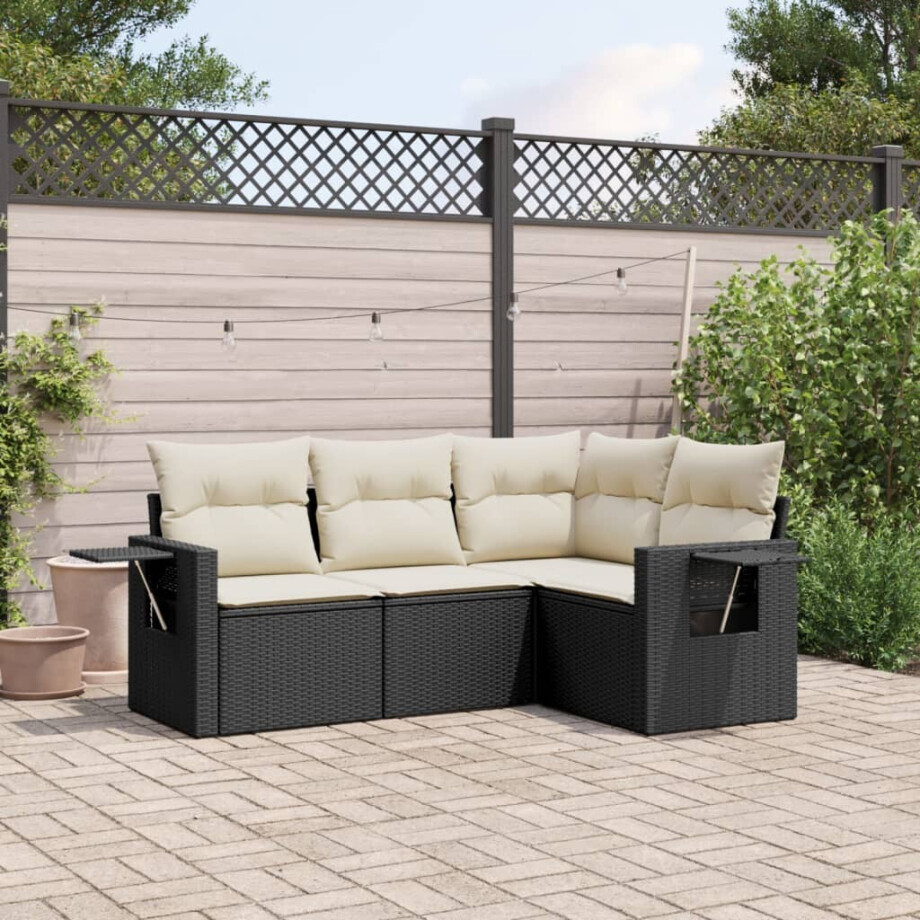 vidaXL 4-delige Loungeset met kussens poly rattan zwart afbeelding 1