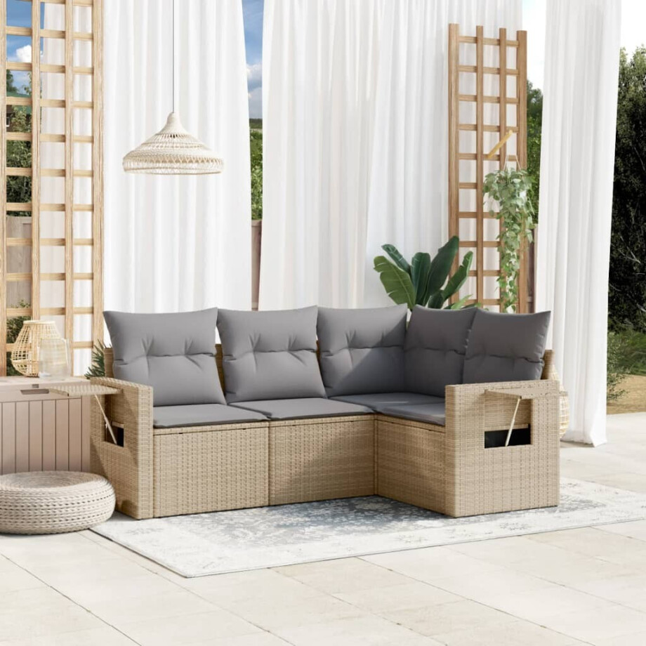 vidaXL 4-delige Loungeset met kussens poly rattan beige afbeelding 1