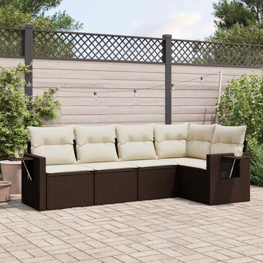 vidaXL 5-delige Loungeset met kussens poly rattan bruin afbeelding 1