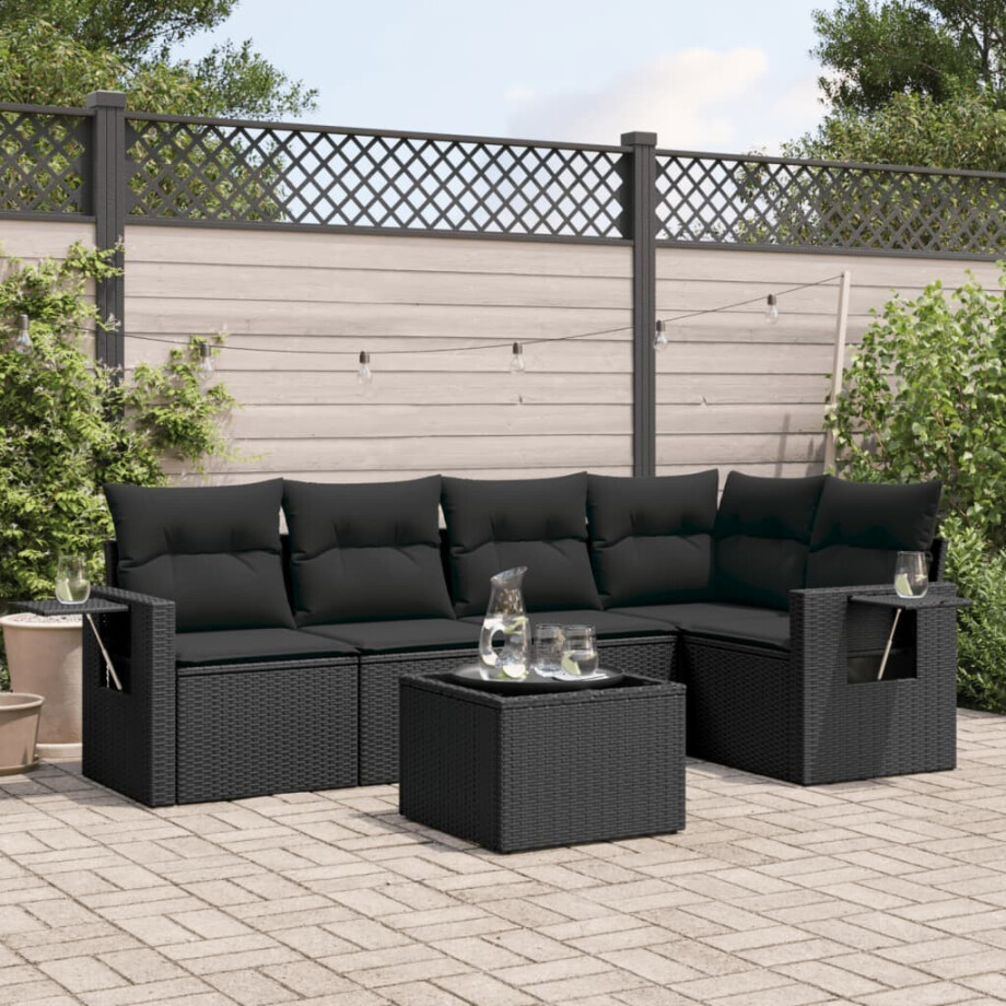 vidaXL 6-delige Loungeset met kussens poly rattan zwart afbeelding 1