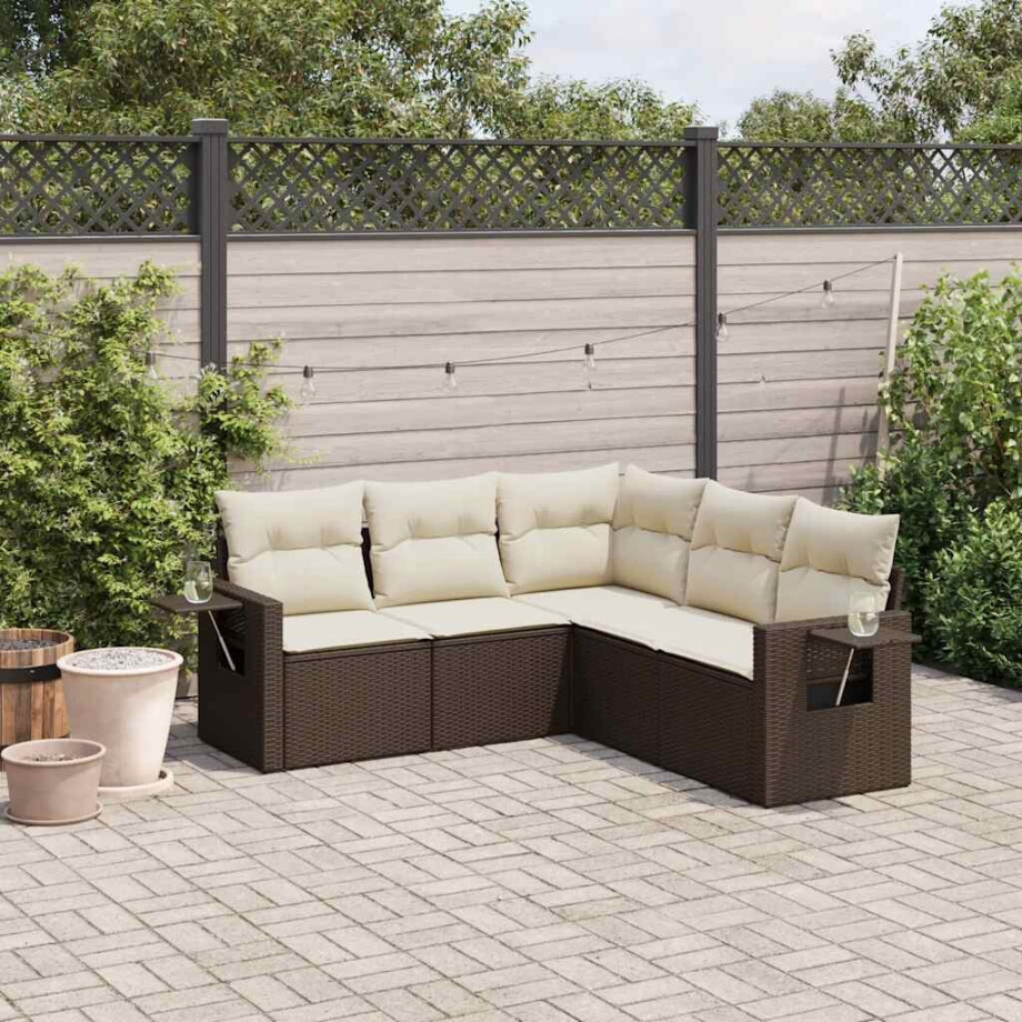 vidaXL 5-delige Loungeset met kussens poly rattan bruin afbeelding 1