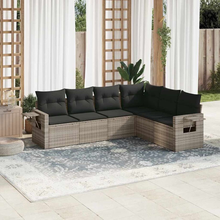 vidaXL 6-delige Loungeset met kussens poly rattan lichtgrijs afbeelding 1