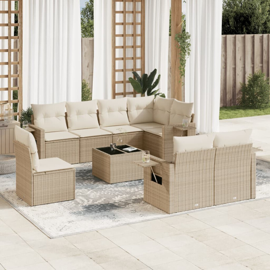 vidaXL 9-delige Loungeset met kussens poly rattan beige afbeelding 1