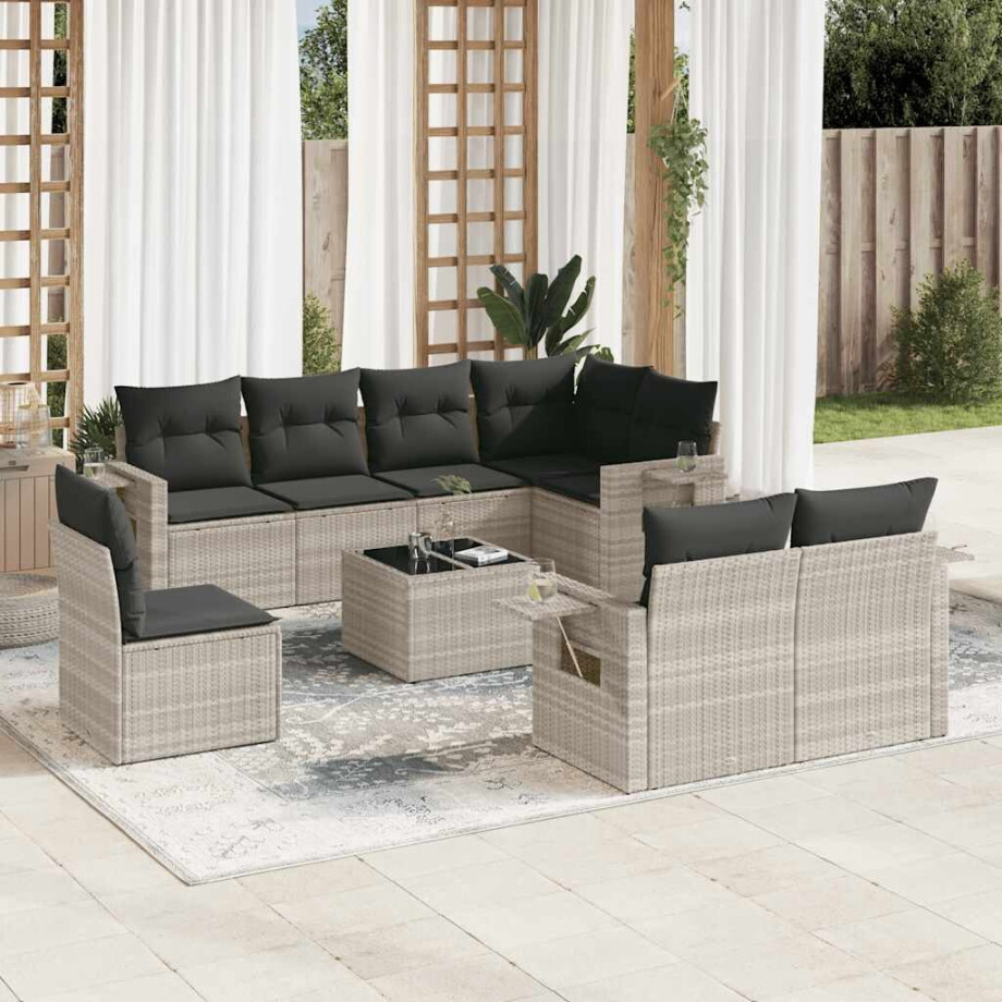 vidaXL 9-delige Loungeset met kussens poly rattan lichtgrijs afbeelding 1